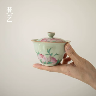 梵乙秘色汝窑贴绘葫芦盖碗家用陶瓷不烫手泡茶碗福禄寿桃茶碗批发