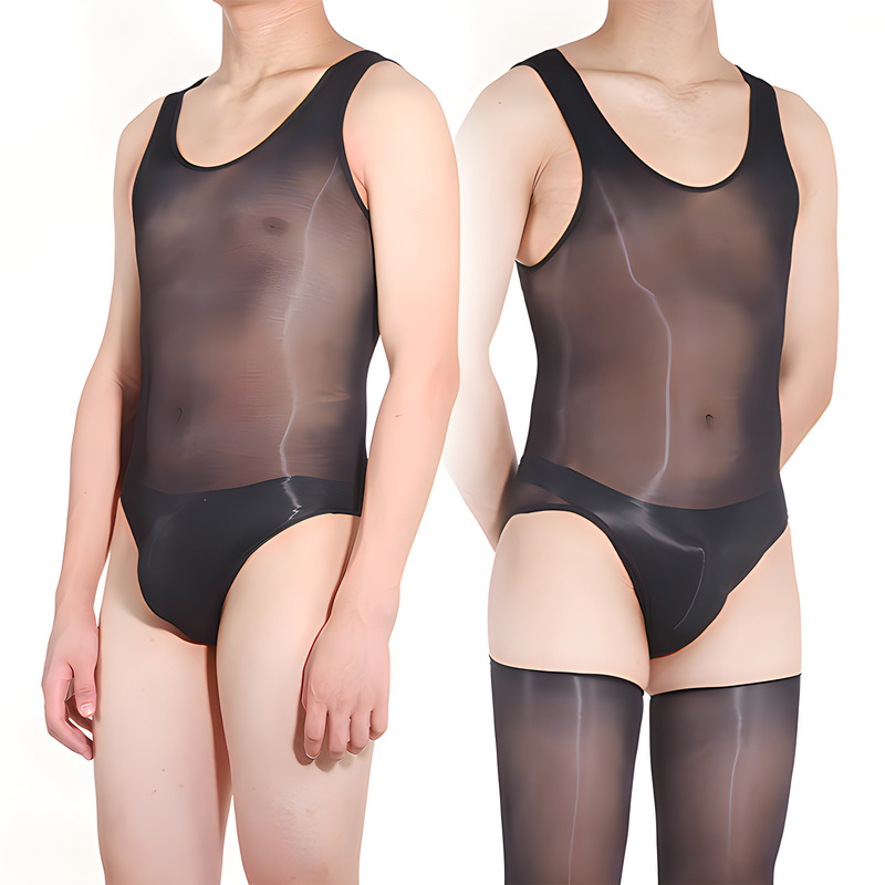 Sexy Men's Plus-Size Glossy Transparent Swimsuit Ultra-Thin Silky See-Through Tight-Fitting Cross-Dresser Black Silk Lingerie Set Sexy Men's Plus-Size Glossy Transparent Swimsuit Ultra-Thin Silky See-Through Tight-Fitting Cross-Dresser Black Silk Lingerie Set