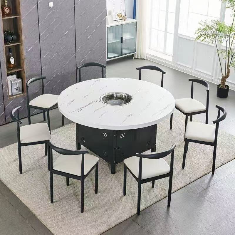 Commercial Korean-style Gas Stove Induction Cooker Integrated Folding Large Round Table Hot Pot Table Imitation Marble Restaurant Catering Combination