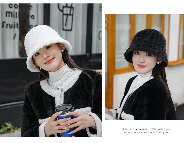 Autumn and Winter New Women's Solid Color Warm Fury Pot Hat with Large Headband, High Quality and Simple Bucket Hat Tide_voghion.com