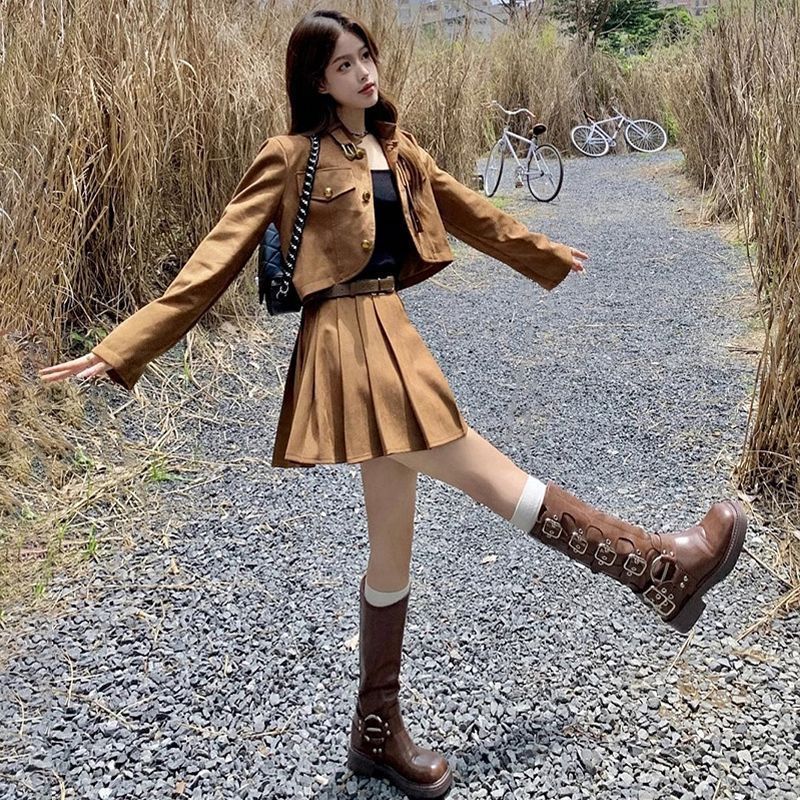 美式复古美拉德棕色夹克开衫短款外套百褶半身裙秋冬美拉德套装|undefined