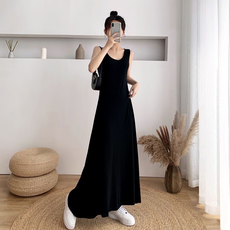 2025 New Style Vest Dress Spring and Autumn Knitted Ice Silk Dress Long Cheap Simple Flesh-Covering Slim Sleeveless Long Dress