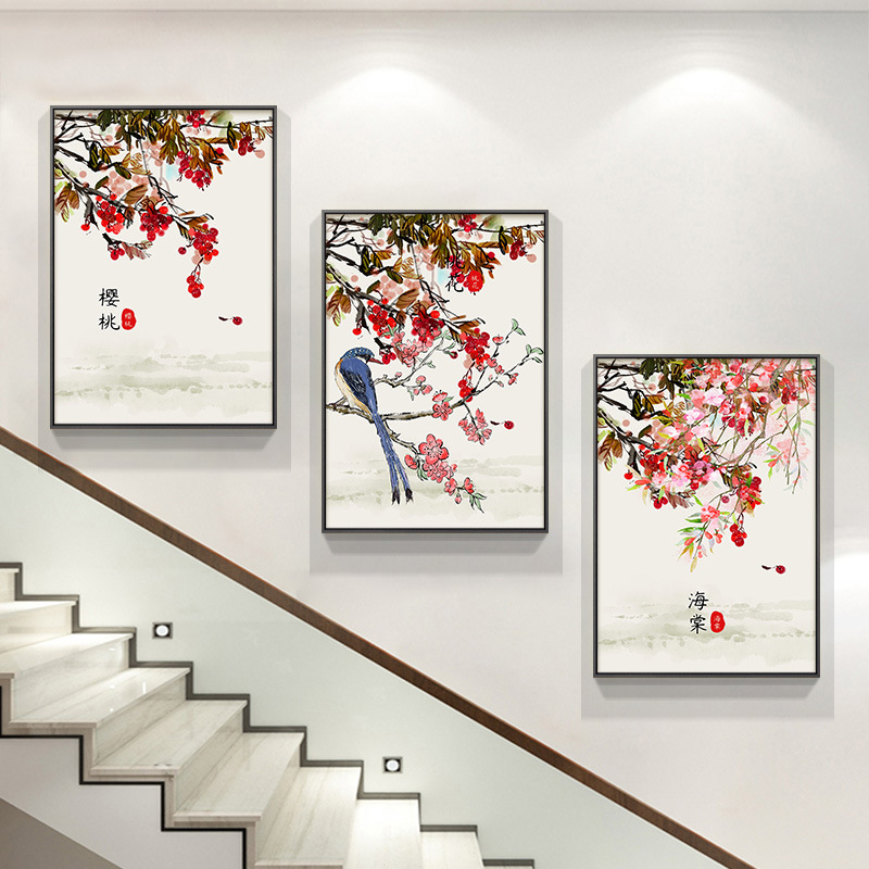 深セン大芬油画村階段階段間装飾画新中国式花鳥ハスの花複式壁画客間|undefined