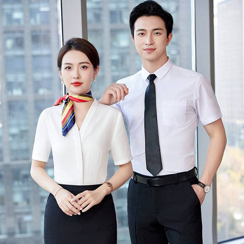 Professional short-sleeved shirt stewardess suit men's and women's same business hotel property formal wear summer work clothes embroidered logo