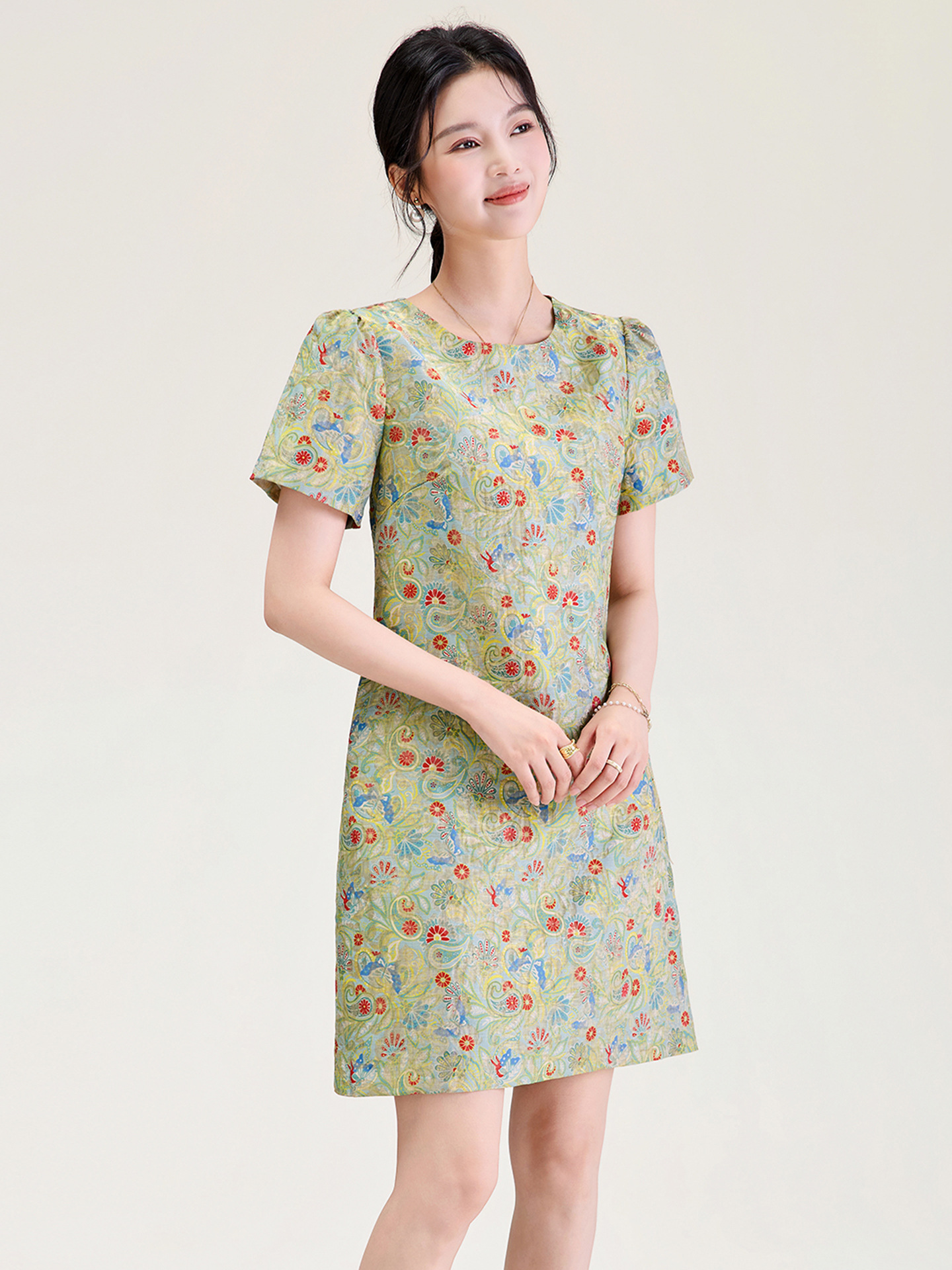 Váy maxi nữ thắt eo dáng suông họa tiết jacquard pha len — xanh lá cây