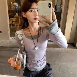 设计感小众圆领早秋春季长袖T恤女假两件修身辣妹洋气拼色上衣女