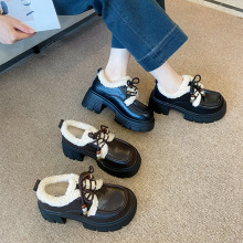 1010-3冬季毛毛鞋女2025新款英风小皮鞋加绒厚底保暖棉鞋休闲子女