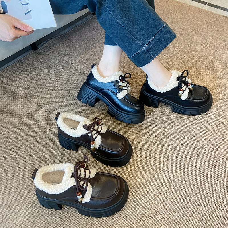 1010-3冬季毛毛鞋女2025新款英风小皮鞋加绒厚底保暖棉鞋休闲子女