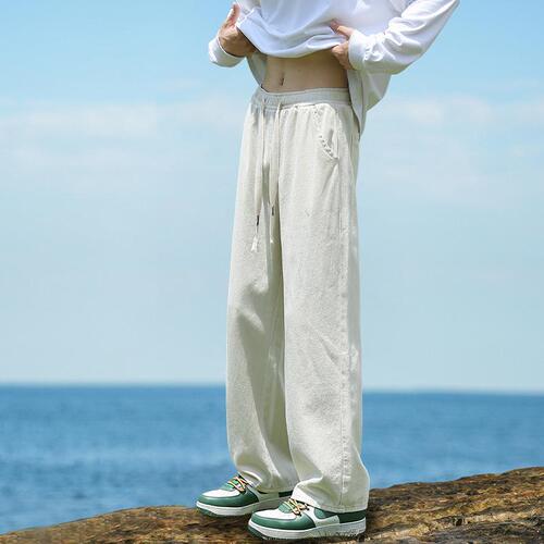 Japanese-style versatile cotton casual pants for men, summer thin men's trousers—trendy, streetwear-inspired, loose-fitting, wide-leg, and straight-cut.