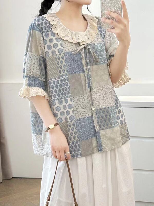 Contrast Color Lace Splicing Short-Sleeved Shirt, Artistic Japanese Style Style Mori Girl Style Collar, Versatile Loose Cardigan Top