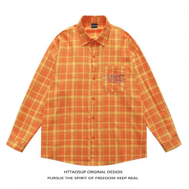 American-Style Dopamine Orange Plaid Long-Sleeve Shirt, Unisex, Loose Casual Lazy Style, Versatile Embroidered Sun-Protection Shirt American-Style Dopamine Orange Plaid Long-Sleeve Shirt, Unisex, Loose Casual Lazy Style, Versatile Embroidered Sun-Protection Shirt