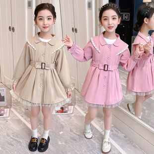 New Korean-style 2025 Spring and Autumn Girls' Coat Tight Waist Solid Color Western Style Mid-size Children's Trendy Coat