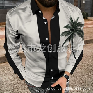 2021新款3D数码印花男士长袖衬衫简约条纹图案衬衫上衣开衫