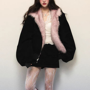 American Style Retro Pink Fur Collar Hooded Work Coat Women's Autumn and Winter New Thickened Plush Warm Cotton Coat