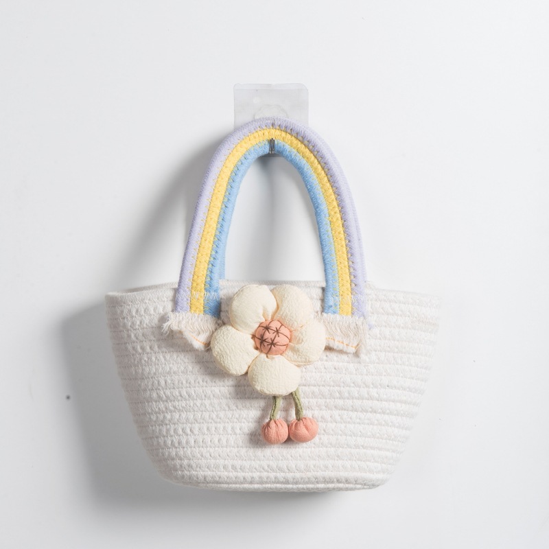 Bolsa de tejido artesanal arco iris, bolso de tejido de cuerda de algodón, bolso de tejido de flores pequeño, bolso de mano, bolso de mujer