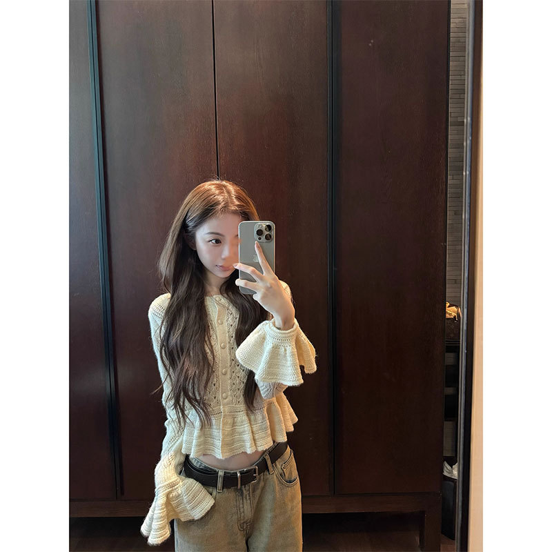 YUYUREAL 私服 镂空钩花荷叶边羊驼毛针织开衫|undefined