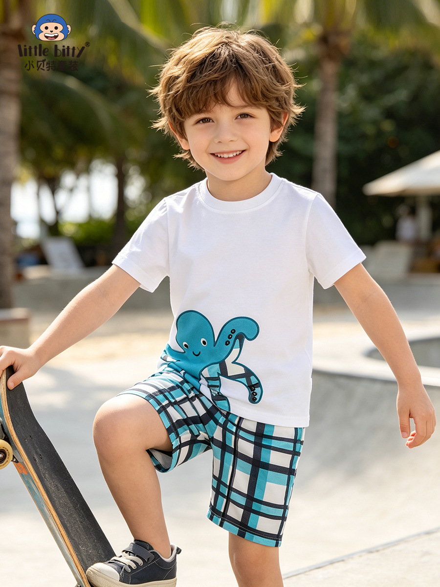 Cross-border children's clothing 2026 spring-summer children's short-sleeve set cartoon octopus round-neck embroidered plaid two-piece set in stock