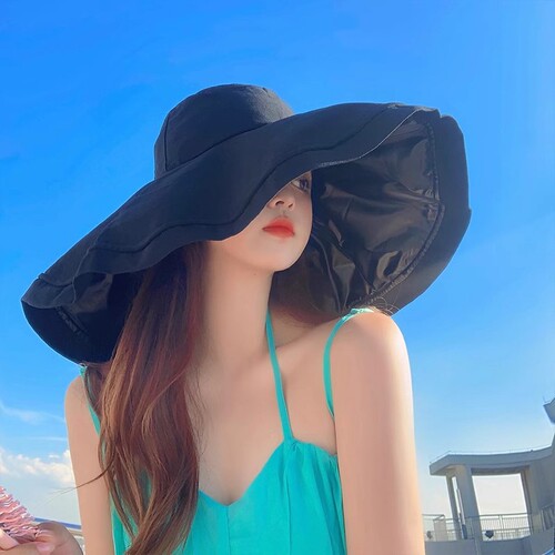 Extra-large brim sun hat for seaside, UV protection UPF50+, foldable black rubber fisherman hat for women