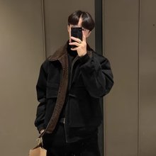 冬季韩版港风复古羊羔绒外套男士翻领短款夹克高级感工装加绒棉衣