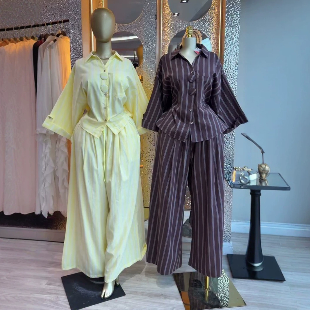 European and American cross-border women's fashion: 2026 autumn new collection featuring stylish and elegant striped collared loose shirts and wide-leg long pants sets