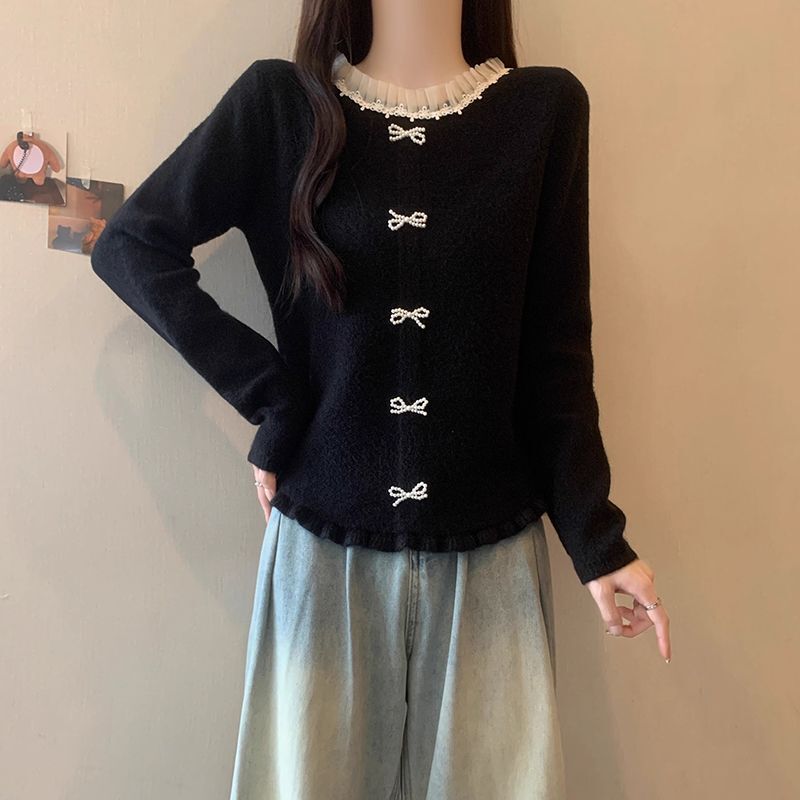 French Stitching Lace Knitted Cardigan Women's Autumn and Winter Red New Year Sweater Slim-fit Slimming Long-sleeved Top