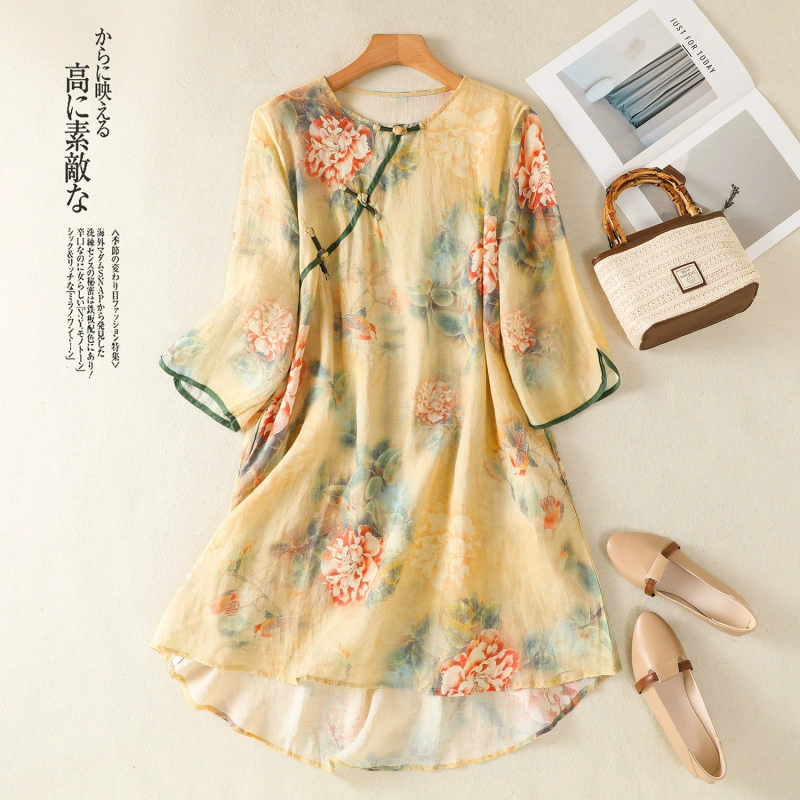 2025 летнее платье новый ретро новый китайский стиль литературной печати свободная повседневная планка пряжка платье с пятью рукавами для женщин