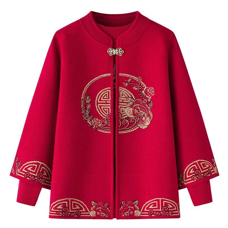 Пожилые бабуля осенний женский вязаный свитер иностранная куртка пожилая мама красный день рождения свадебный топ