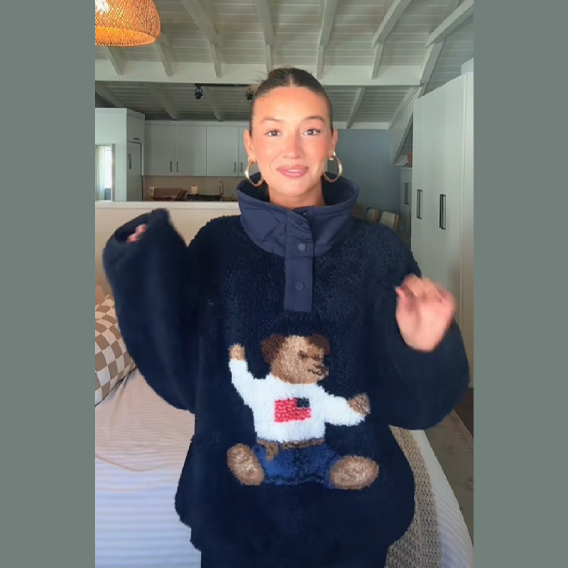 2025 European and American Cross-Border New Women's Clothing Autumn and Winter Stand-Up Collar Cute Bear Pattern Lamb Wool Plush Jacket for Women