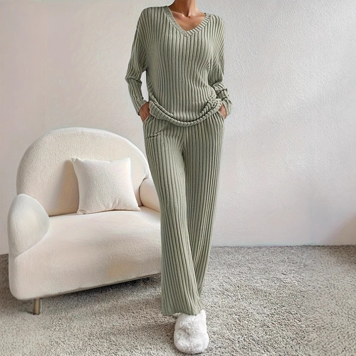 Autumn and winter suit New style home fashionable casual straight pants temperament loose V-neck pit strip two-piece set