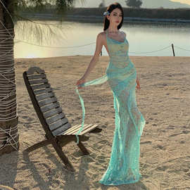 性感蕾丝辣妹连衣裙挂脖V领露背晚礼服长裙显身材裙子