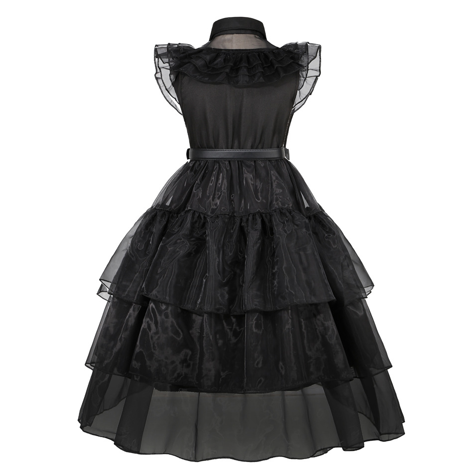 Cross-Border Wednesday Addams Cosplay Costume Children's Version Halloween Black Chiffon Dress One Piece