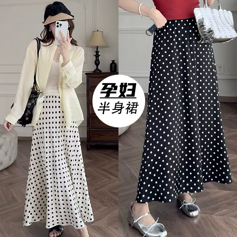 Pregnant Women's French Style Retro Wave Dot Acetate Satin Skirt 2025 Spring and Summer New Slimming Long Skirt