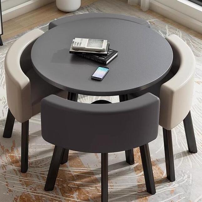 80CM 회색 원형 테이블 + 회색 2개, 밝은 회색 가죽 의자 2개