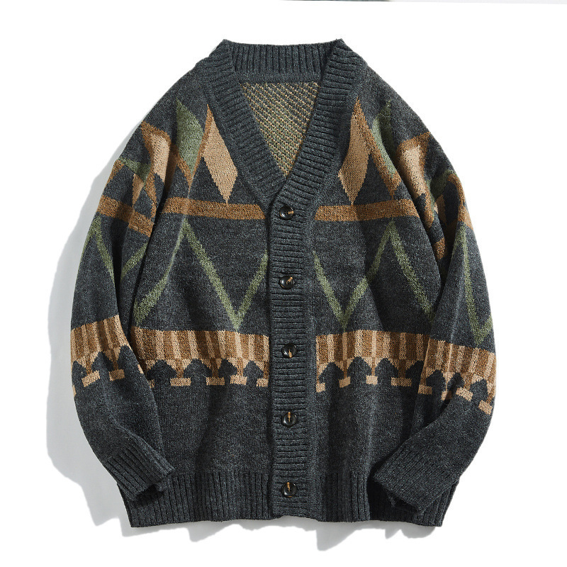 Vintage Japanese Style Men's Sweater Spring and Autumn Contrast Color Loose V-neck Knitted Sweater Cardigan Casual Top Men's Fashionable Jacket