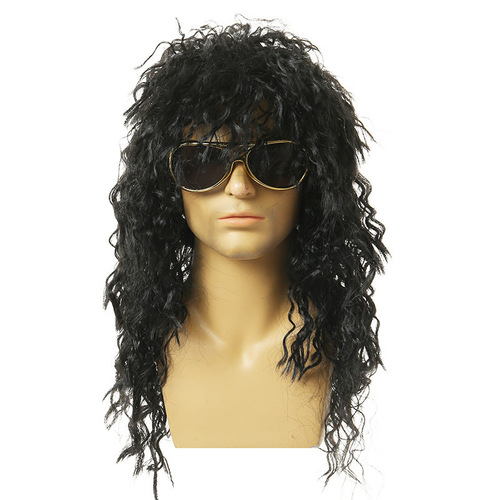 European and American Halloween Wigs for COS Play: Punk Black Men's Wig—Heavy Metal, Disco Party, or Rock 'n' Roll Style with Curly Waves