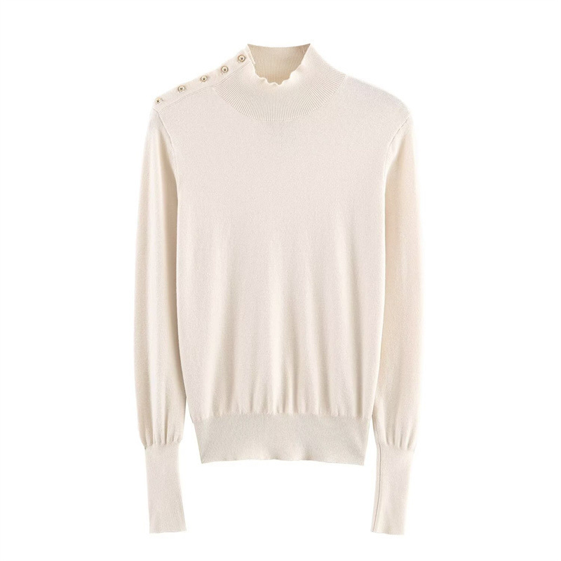 Cross-Border Foreign Trade 2026 European and American Fashion Women's Versatile Stand-Collar Long-Sleeve Knitwear with Shoulder Button Decoration 8851143