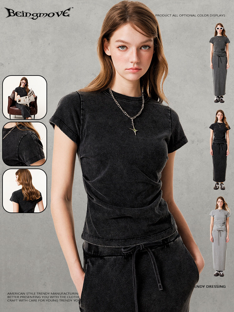 2025 verano retro americano inns delgado corto blusa apertada sexy girly cintura doblada camiseta de cuello redondo mujer