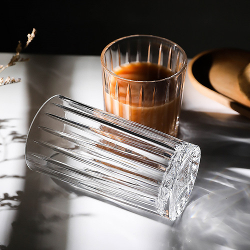 美式冰咖啡杯拿铁高级感条纹玻璃水杯ins风透明牛奶杯威士忌杯子