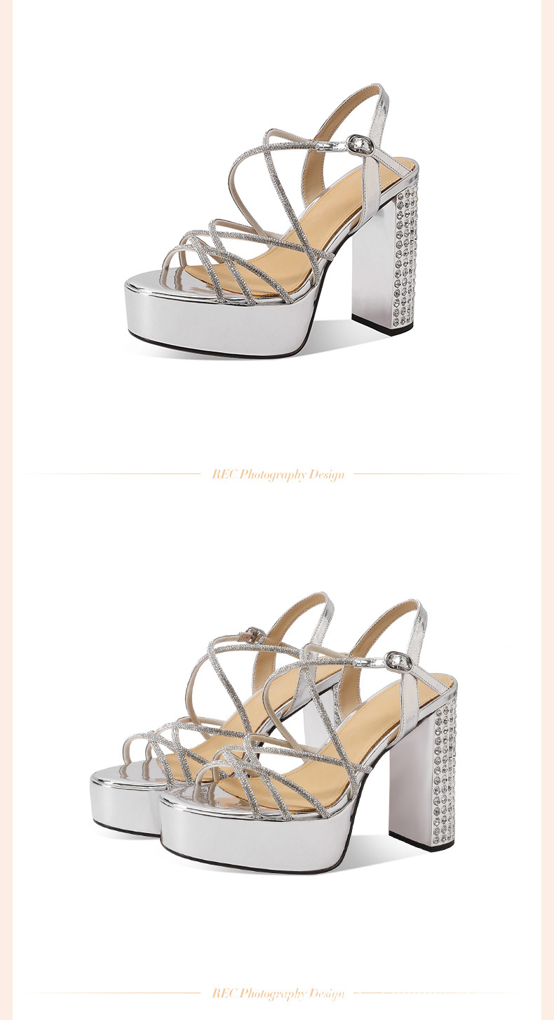 Giày sandal cao gót nữ hở mũi gót vuông pha lê đế platform dày — đen chi tiết 4