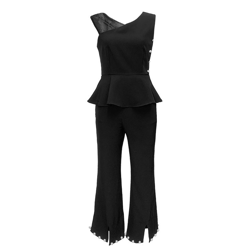 Bộ vest nữ công sở hè áo bèo nhún quần ống loe hai mảnh — Màu đen