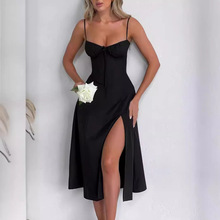 欧美女装2024夏季新款黑色法式浪漫度假吊带连衣裙女收腰小黑裙气
