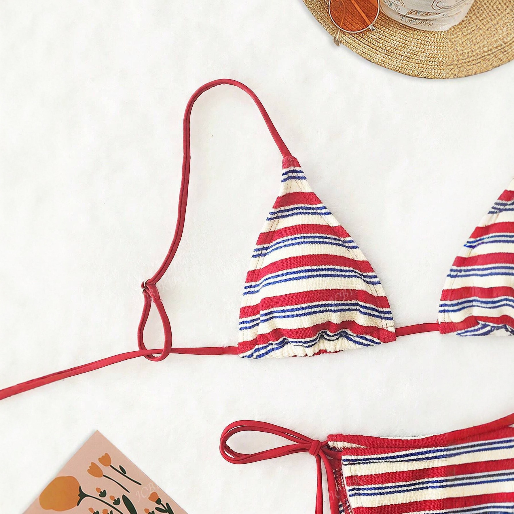 Sexy zweiteiliger Damen-Badeanzug, europäische und amerikanische Exportqualität, gestreift, tiefsitzend, mit Bindebändern, Bikini-Set aus Spezialstoff 2025_voghion.com