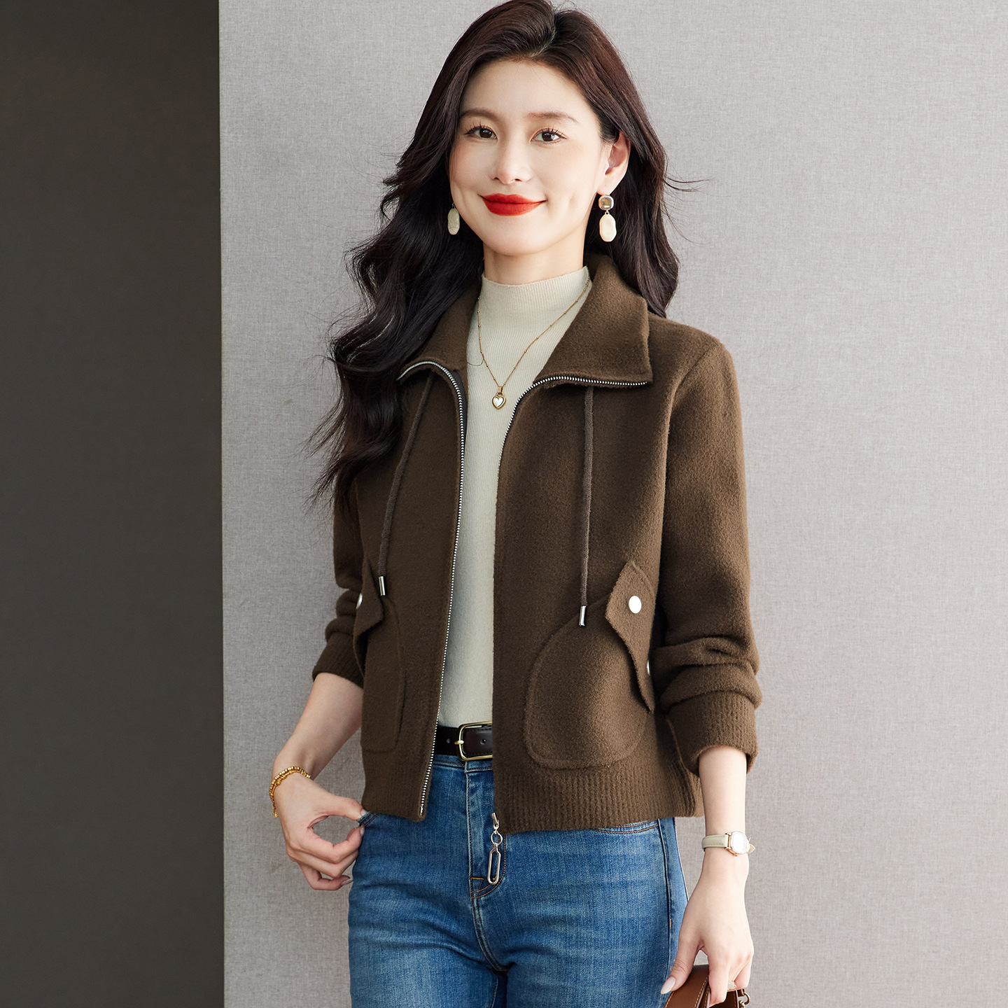 Faux Mink Short Coat for Women 2025 New Spring and Autumn Petite Versatile Lapel Jacket with Pockets Outerwear