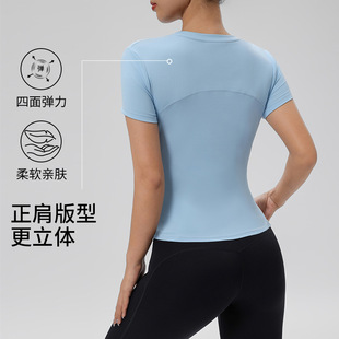 Spring and Summer Cross-Border Solid Color Tight Sports Short-Sleeved Women's Sexy Slimming Round Neck Running Quick-Drying Fitness Tops for Women