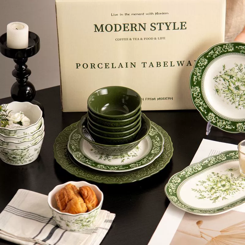 Ceramic dinner plate, retro set, green tableware, European style