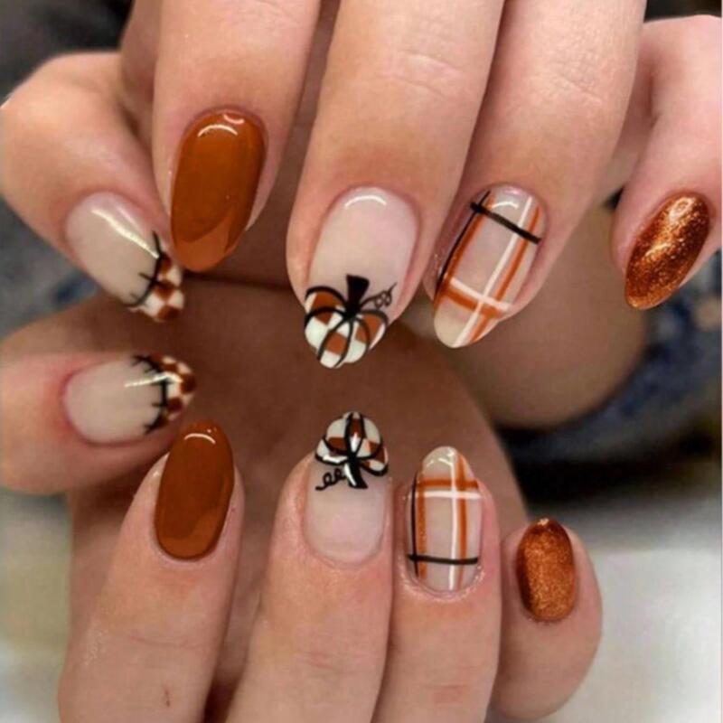 Halloween Medium-Length Pointed Almond Nails Brown French Plaid Pumpkin Glitter Wearable Nails Removable Fake Nails Halloween Medium-Length Pointed Almond Nails Brown French Plaid Pumpkin Glitter Wearable Nails Removable Fake Nails