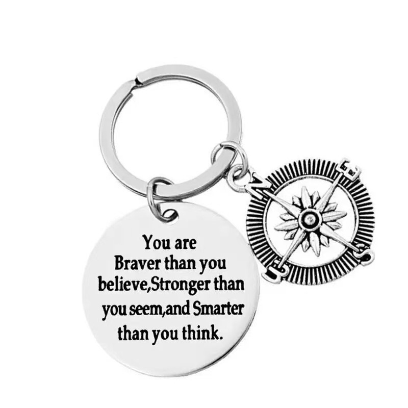 European and American Hot-Selling Stainless Steel Keychain Compass You Are Braver Round Metal Engraved Pendant Jewelry