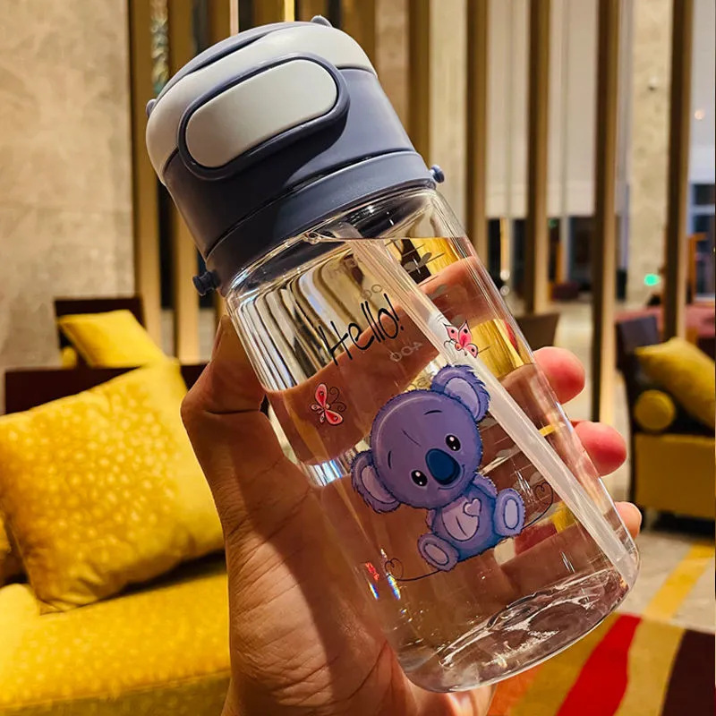 Botella de agua escolar con pajilla y correa, plástico resistente a caídas