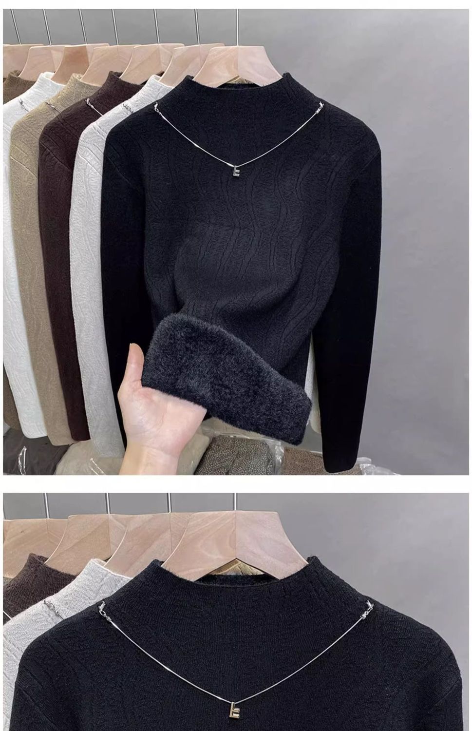 Damen-Fleece-gefütterter Strickpullover – Halbhoher Rollkragen, dickes Winter-Thermooberteil (Weiß, Schwarz, Beige, Khaki, Grau, Rot, Camel, Braun)_voghion.com