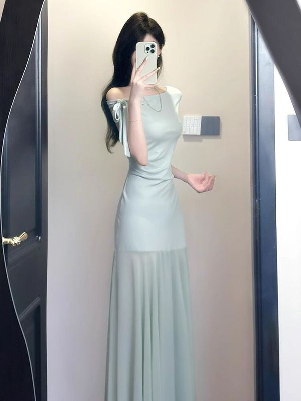 法式绿色露肩网纱连衣裙子女装夏季2025新款气质绝美收腰包臀长裙|undefined